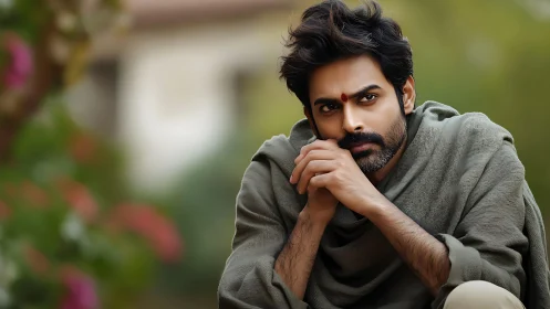 Man in green shawl resting outdoors with intense gaze.