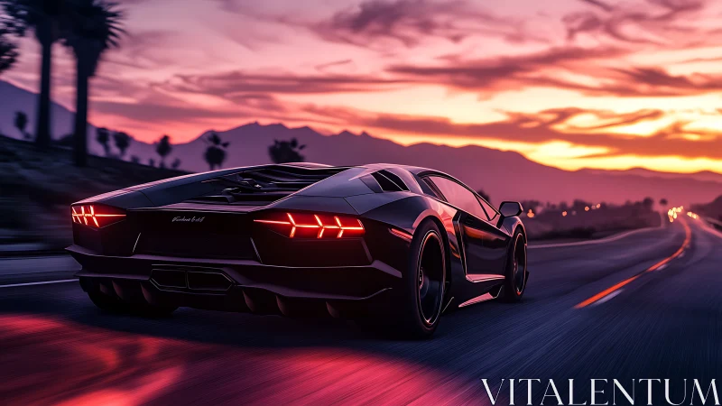 Sunset highway supercar glides into a glowing open horizon