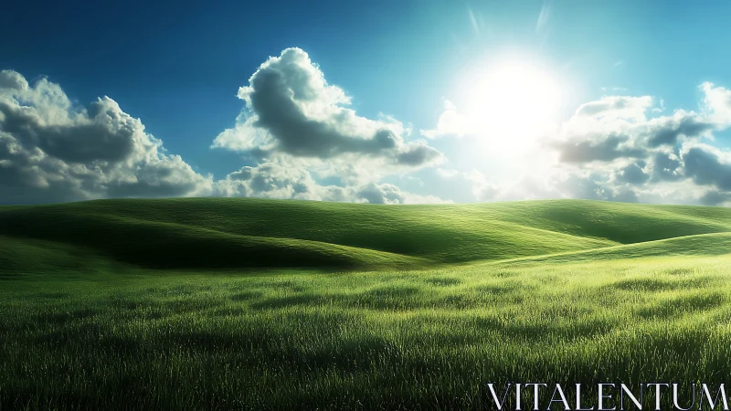 Radiant sunlit grassland with volumetric clouds and rolling hills.