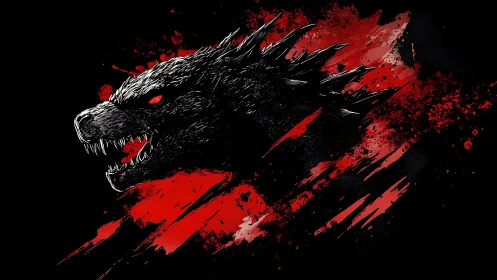 Roaring kaiju silhouette erupts from blood-red splatter chaos