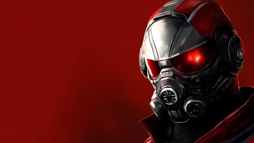 Red armored vigilante in a stark sci fi portrait glow.