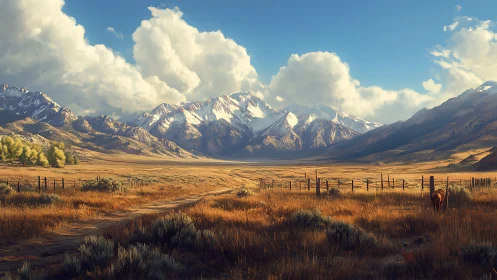 Sunlit mountain valley with fences and distant snow peaks.