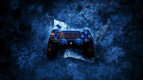 Glowing PlayStation Controller Emerges from Electric Blue Stone