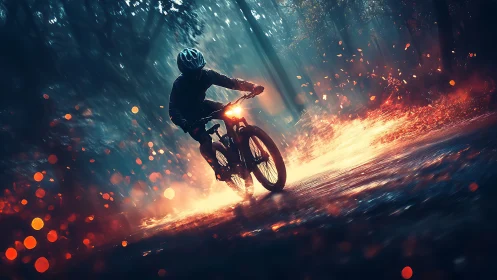 Cyclist Navigating Luminescent Trail Through Pyrolytic Particle Field.