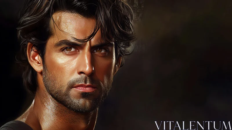 Brooding male digital portrait with dramatic side lighting.