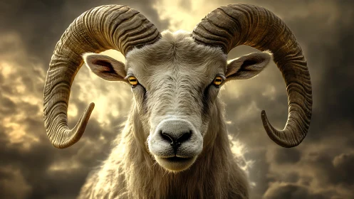 Stormlit ram portrait under dramatic swirling skies.
