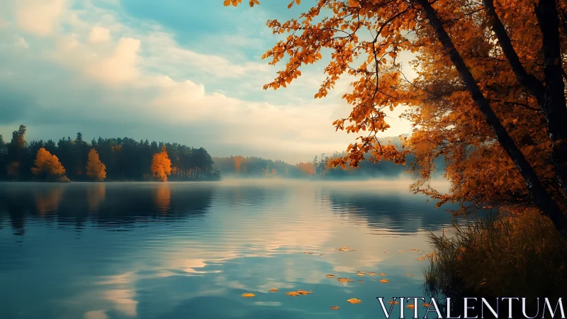 Autumn lake reflection under misty sky with golden foliage.