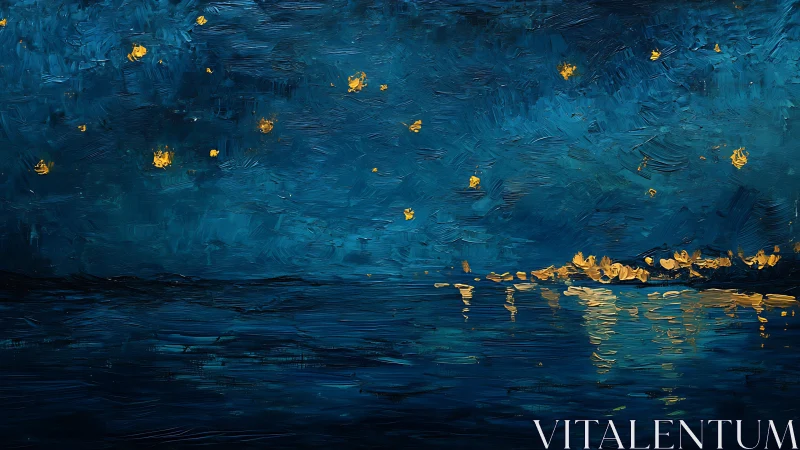 Golden shore lights shimmering under a deep blue night sky.