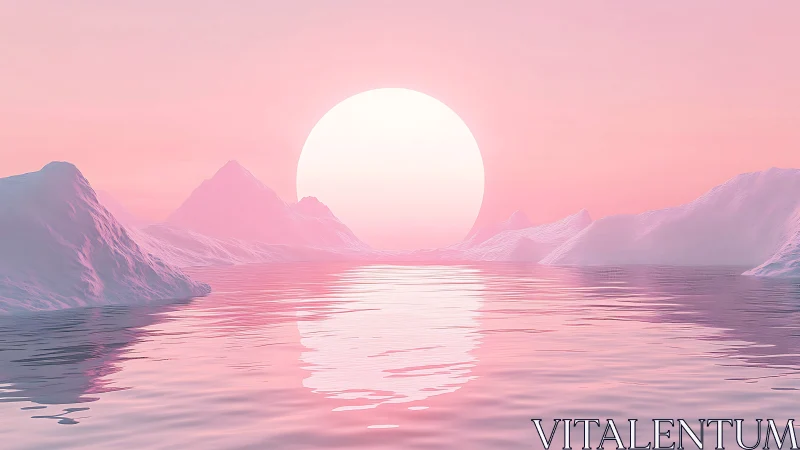 Pink arctic sunrise over mirrored icy water horizon.