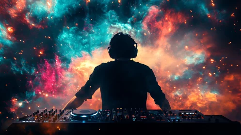 DJ lost in cosmic colors, mixing beats among the stars.