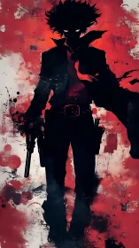 Shadow gunslinger silhouette over red splatter field.