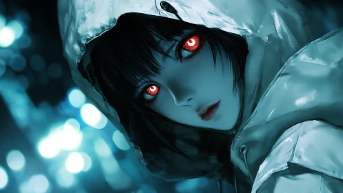 Cybernetic girl gazes through neon haze with glowing eyes.