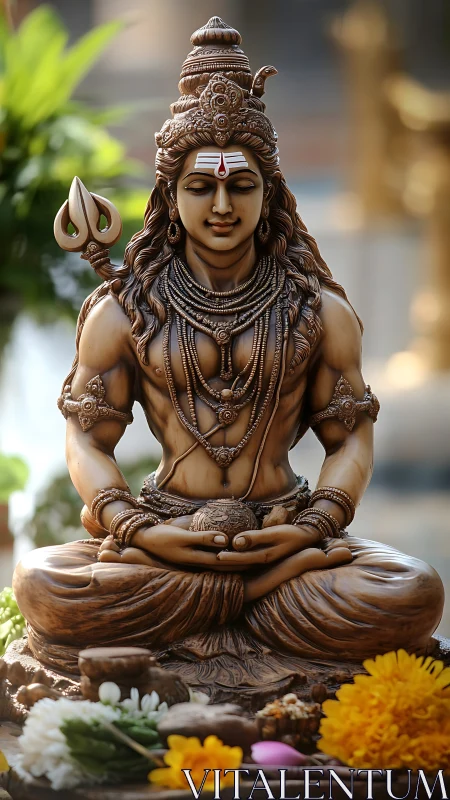 Peaceful Shiva statue surrounded by gentle golden light.