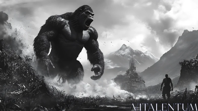 Colossal gorilla roars across a misty, battle-scarred valley.