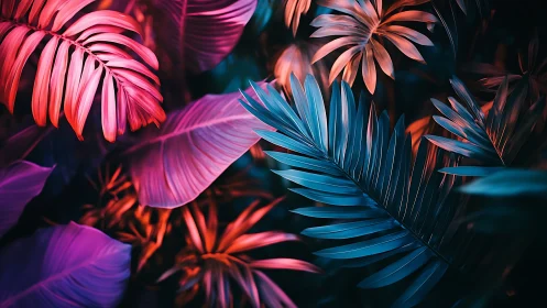 Neon colored tropical leaves form dense overlapping foliage