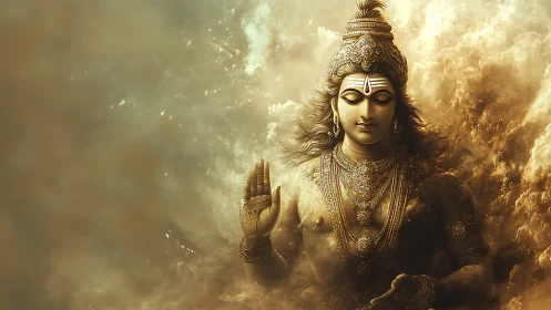 Divine golden deity in clouds with raised blessing hand.