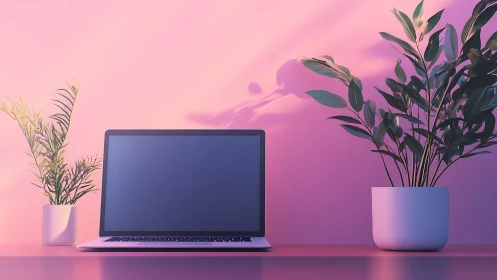 Laptop on desk between potted plants in soft pink light.