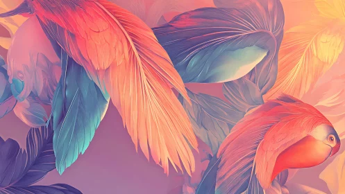 Colorful stylized parrots with layered feathers in motion.