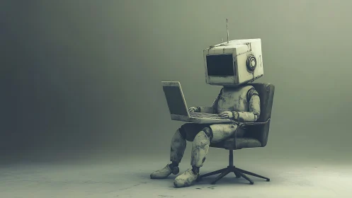 Retro CRT-headed robot seated with laptop in desaturated studio