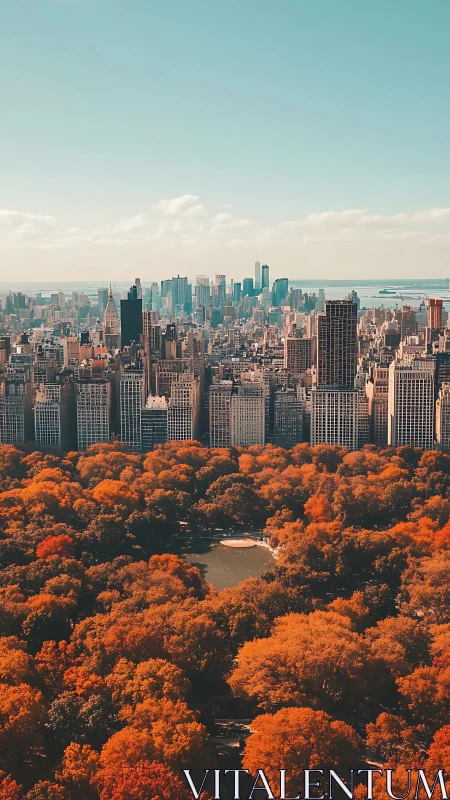 Autumn-tipped treetops cradle a glowing city skyline above