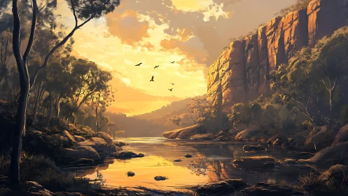 Golden river gorge glows softly beneath a tranquil sunset