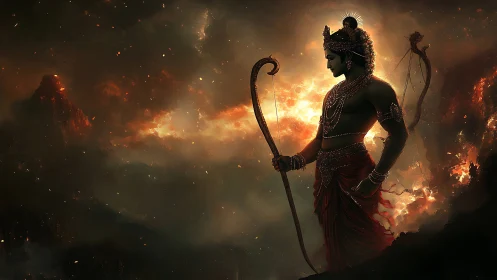 Mythic archer silhouette in volcanic atmospheric backlight.