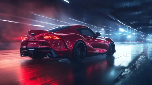 Red Toyota Supra racing through neon tunnel at high speed.