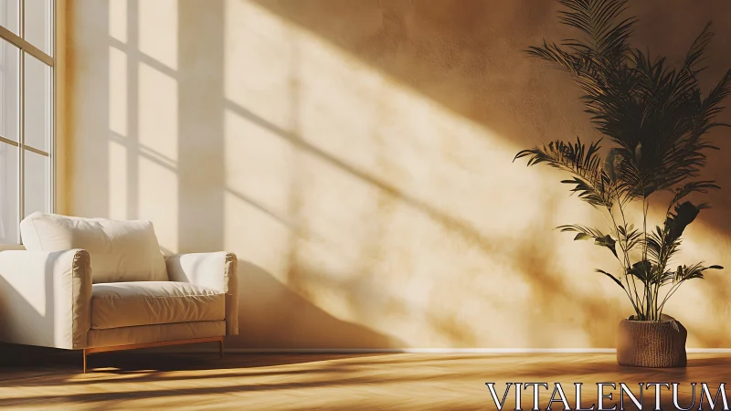 Sunlit minimalist lounge with cozy armchair and palm plant.