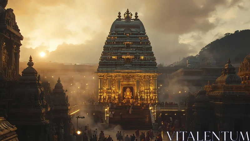 Sunlit Dravidian temple gopuram in atmospheric evening haze.