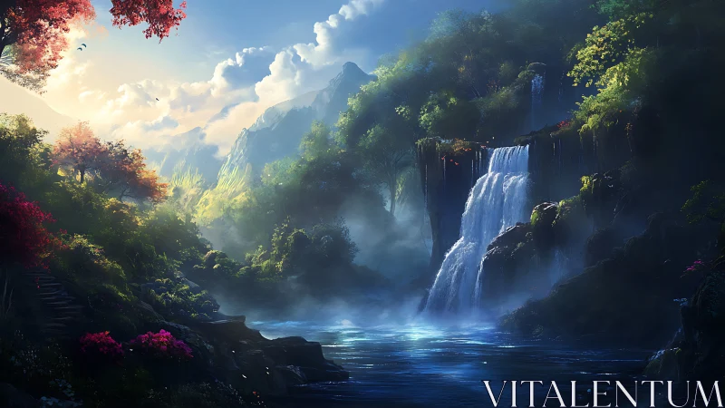 Mystic waterfall valley under luminous sunrise light.
