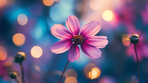 Pink Cosmos Flower in Soft-Focus Light Environment.