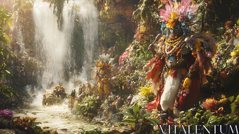 Shamanic figure in hyper-detailed jungle sanctuary near waterfall