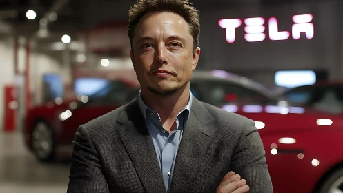 Business leader stands in modern electric vehicle showroom