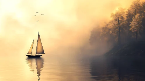 Sailboat on calm lake beside misty autumn shoreline.