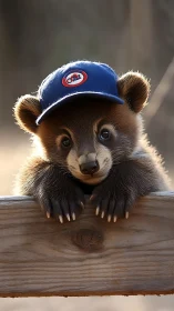 Bear cub wearing blue baseball cap rests on wooden fence