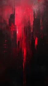 Crimson city skyline dissolves into abstract vertical void