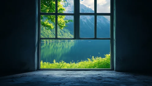 Window view onto calm alpine lake and distant mountains.