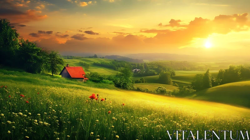 Sunlit countryside meadow with small red-roofed cottage.