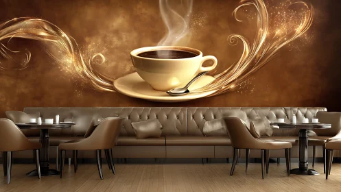 Coffee shop interior shows mural with stylized steaming cup