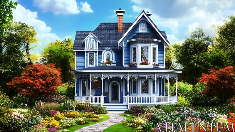 Charming blue Victorian home glows amid lush blooming gardens