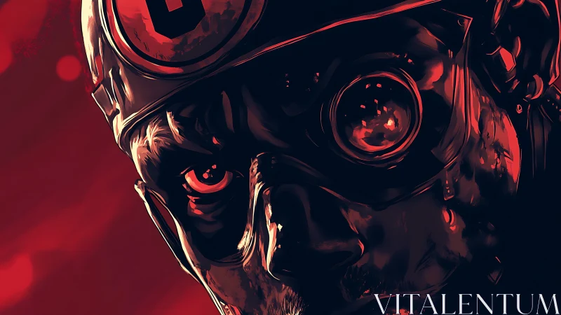 Brooding cyber soldier in red-lit futuristic armor.