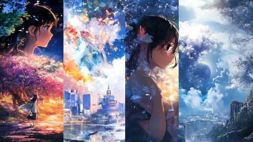 Quad-panel anime skyscapes with seasonal urban dreamscapes.