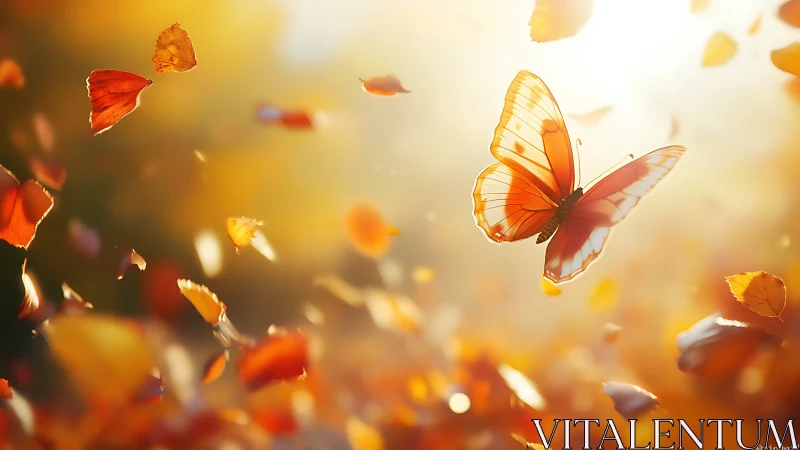 Sunlit butterfly glides through swirling autumn petal storm