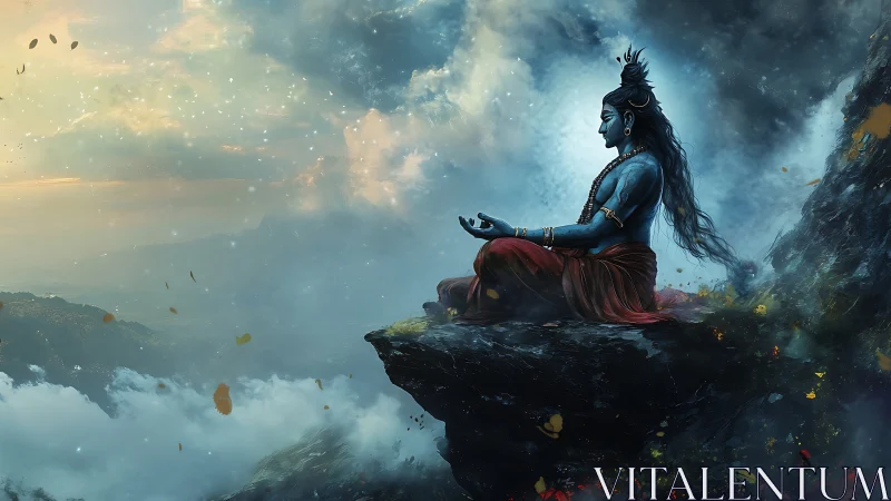 Blue-skinned seated figure in meditation on rocky cliff edge.