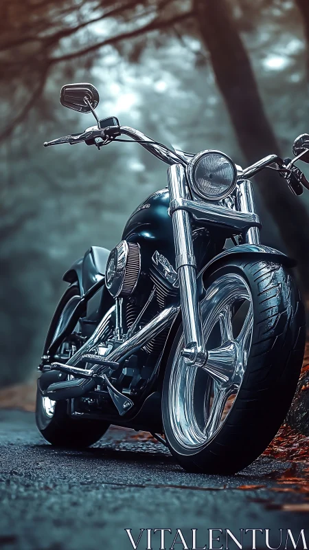 Custom chrome motorcycle glows on a misty forest road.