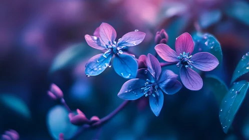Luminous Blue and Pink Flowers Glisten with Morning Dewdrops