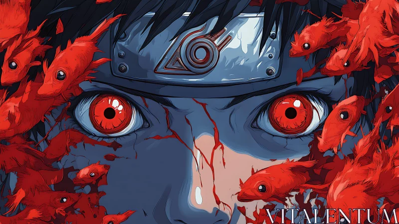 Intense red gaze surrounded by swirling crimson fish forms.