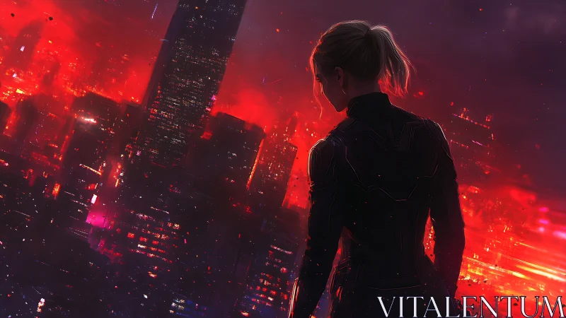 From the burning skyline, lone heroine surveys neon ruins.