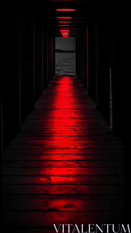 Red-lit pier tunnel framing night water horizon view.