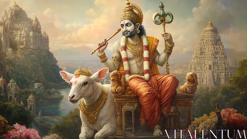 Seated deity with cow amid temple landscape is depicted